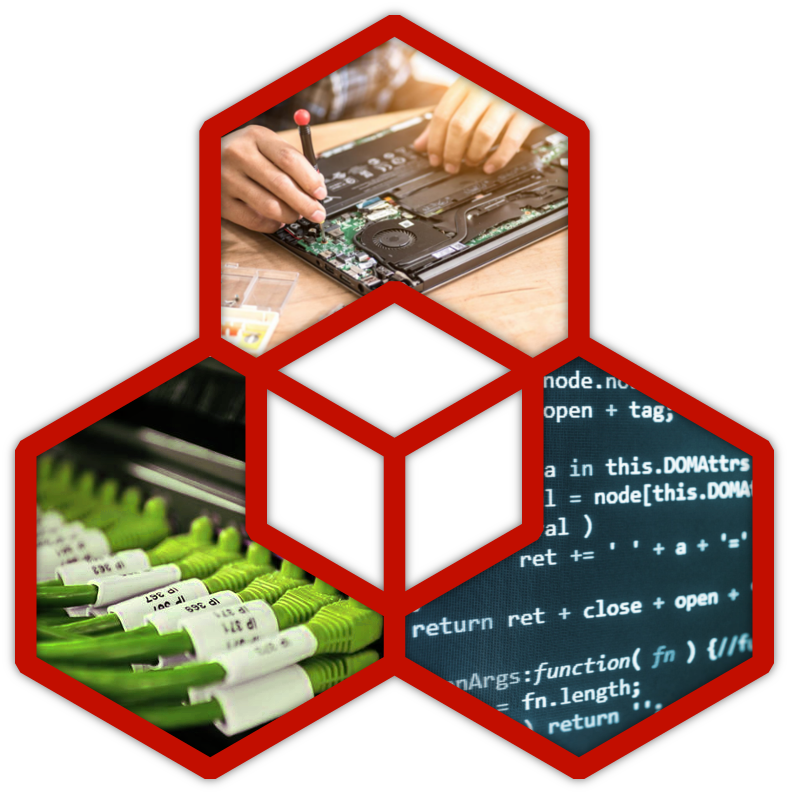 Consultant expert en systèmes et logiciels informatiques, logo rouge et gris
						avec trois photos